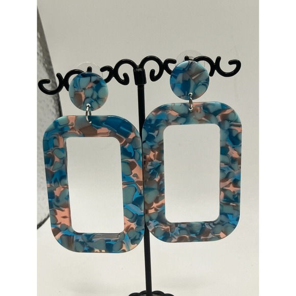 Turquoise Acrylic Dangle Geometric Resin Hoops Earrings! - Picture 2 of 8